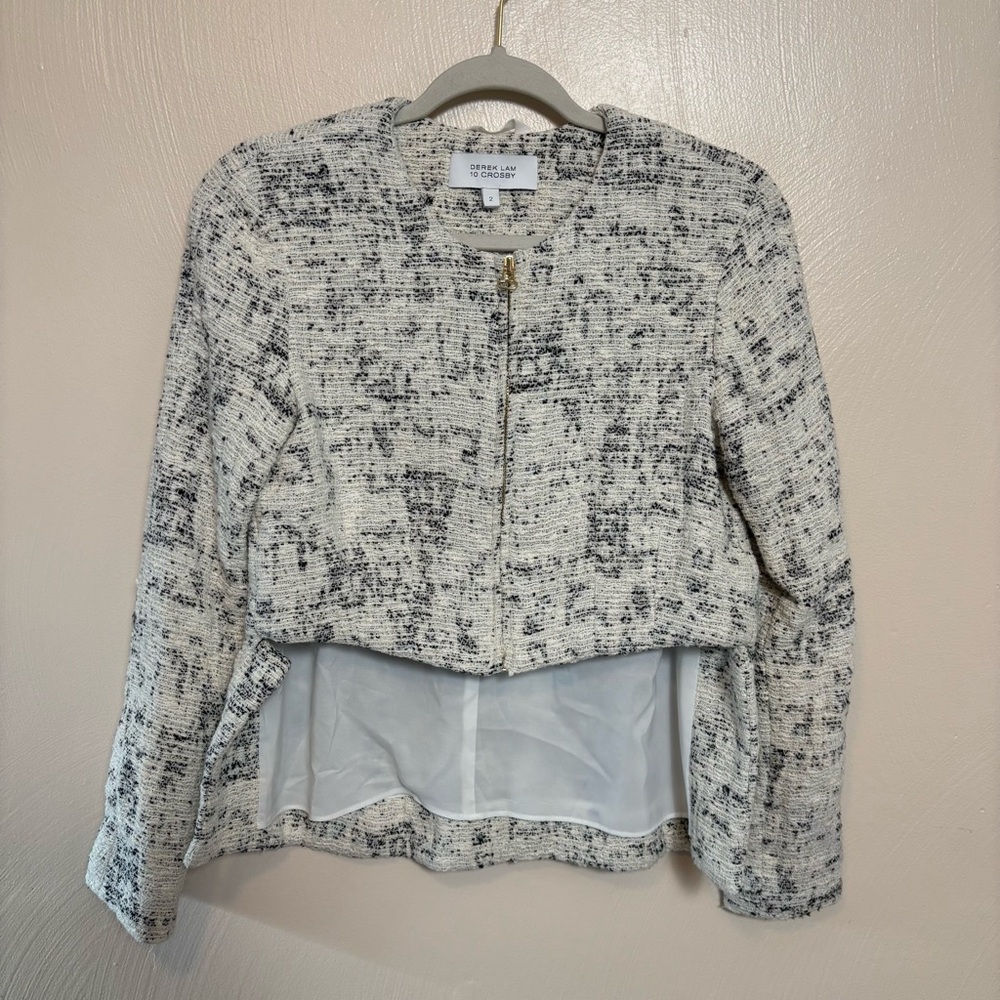 Derek Lam 10 Womens‎ Crosby Hi-Lo Jacket Tweed Ivory Black Gold Zipper Size 2